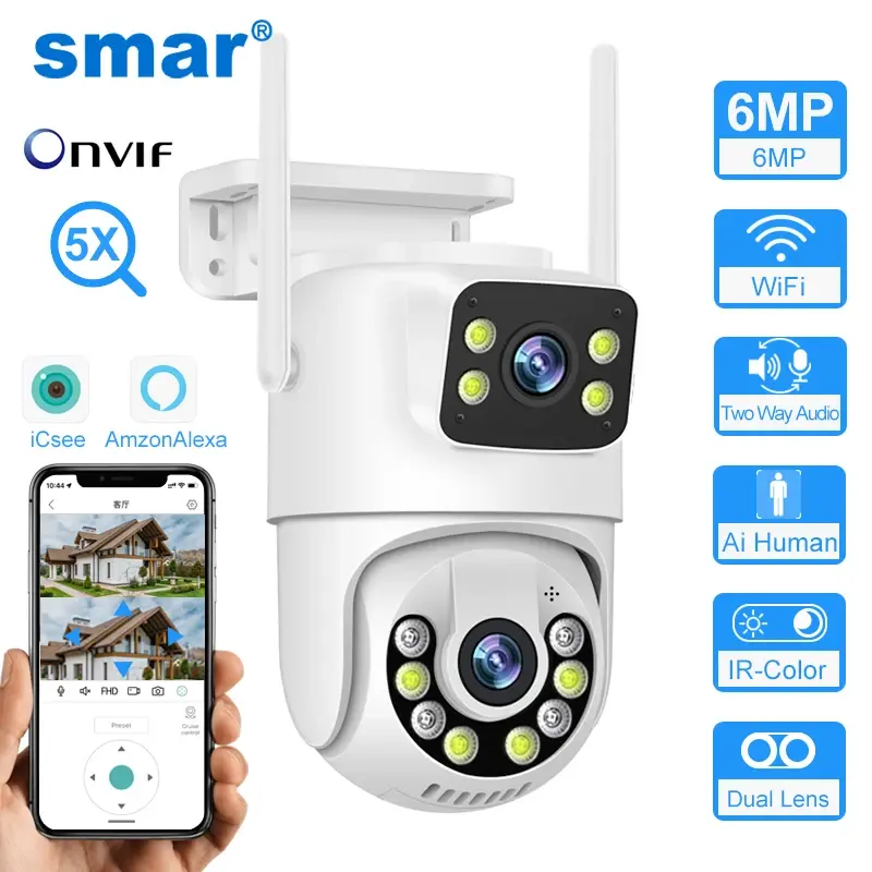 Smar 6mp ptz wifi câmera ip lente dupla com tela dupla áudio bidirecional rastreamento automático segurança ao ar livre cctv vedio vigilância icse