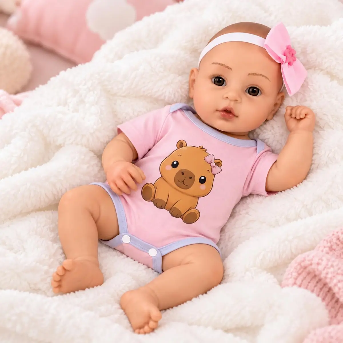 Boneca Bebê Reborn Realista 46cm Vinil Siliconado com Acessórios Body Bichinhos - Animais Variados (Body Capivara)
