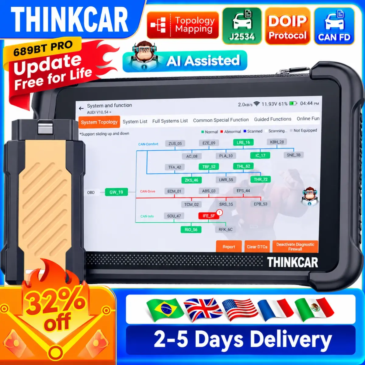 THINKCAR THINKSCAN 689BT PRO AI Scanner OBD2 com Mapa de Topologia, Diagnóstico de Todos os Sistemas, 35 Funções de Redefinição, J2534/CAN FD/DoIP, Atualizações Gratuitas Vitalícias
