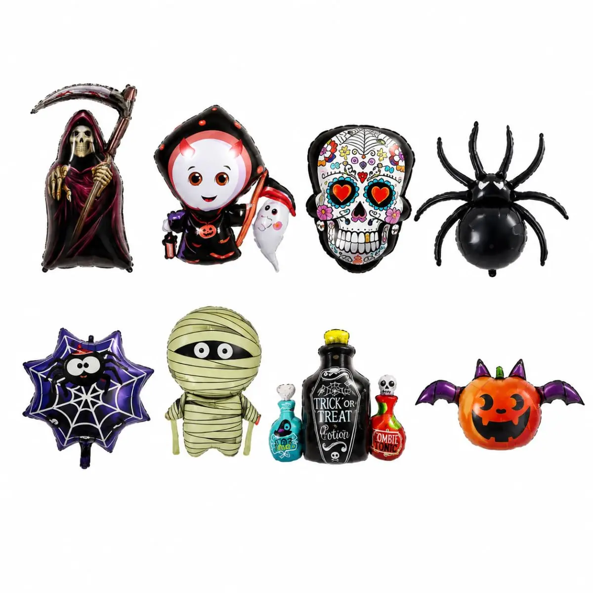 Kit 8 Balões Metalizados Halloween Formatos Sortidos Decoração de Festa | 8 modelos diferentes; tamanhos variados; embalagem fechada e organizada - 1