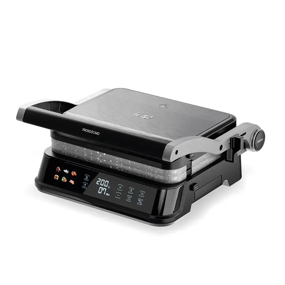 WAP Grill Inox WG2000 2 em 1 Grill e Sanduicheira 220V | Smash Abertura 180°, Chapas Lisa e Ondulada Removíveis, 5 Níveis de Prensa, 6 Receitas Pré-Programadas, 1650W