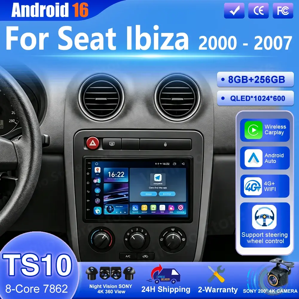 Rádio Automotivo Android 16 para Seat Ibiza 2000 2001 2002 2003 2004 2005 2006 2007 Reprodutor Multimídia Automotivo com CarPlay, GPS e Navegação Estéreo - 1