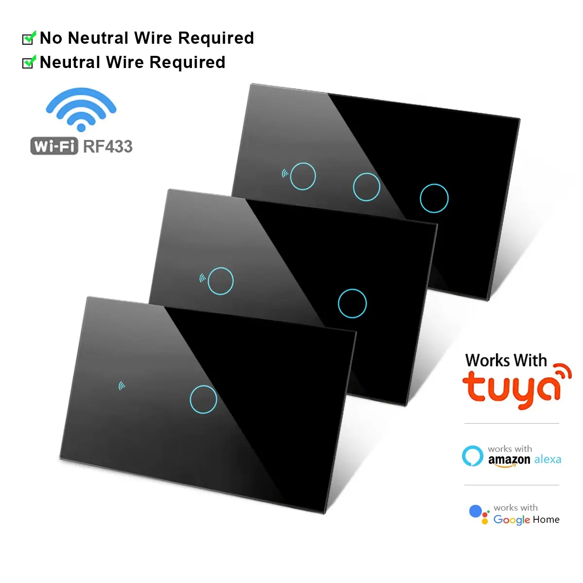 Tuya wifi eua interruptor de luz inteligente interruptor de toque de parede fio neutro/sem fio neutro necessário tipo 120 funciona com alexa, google home - 1