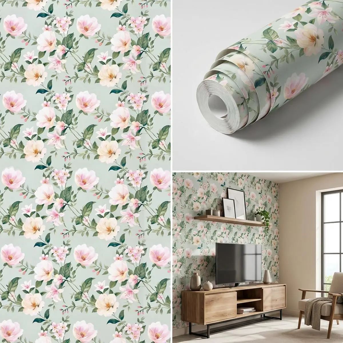 Papel de Parede Adesivo Floral Lavável Flor Adesivo Rolo 5 Metros (Floral Verde Pastel)