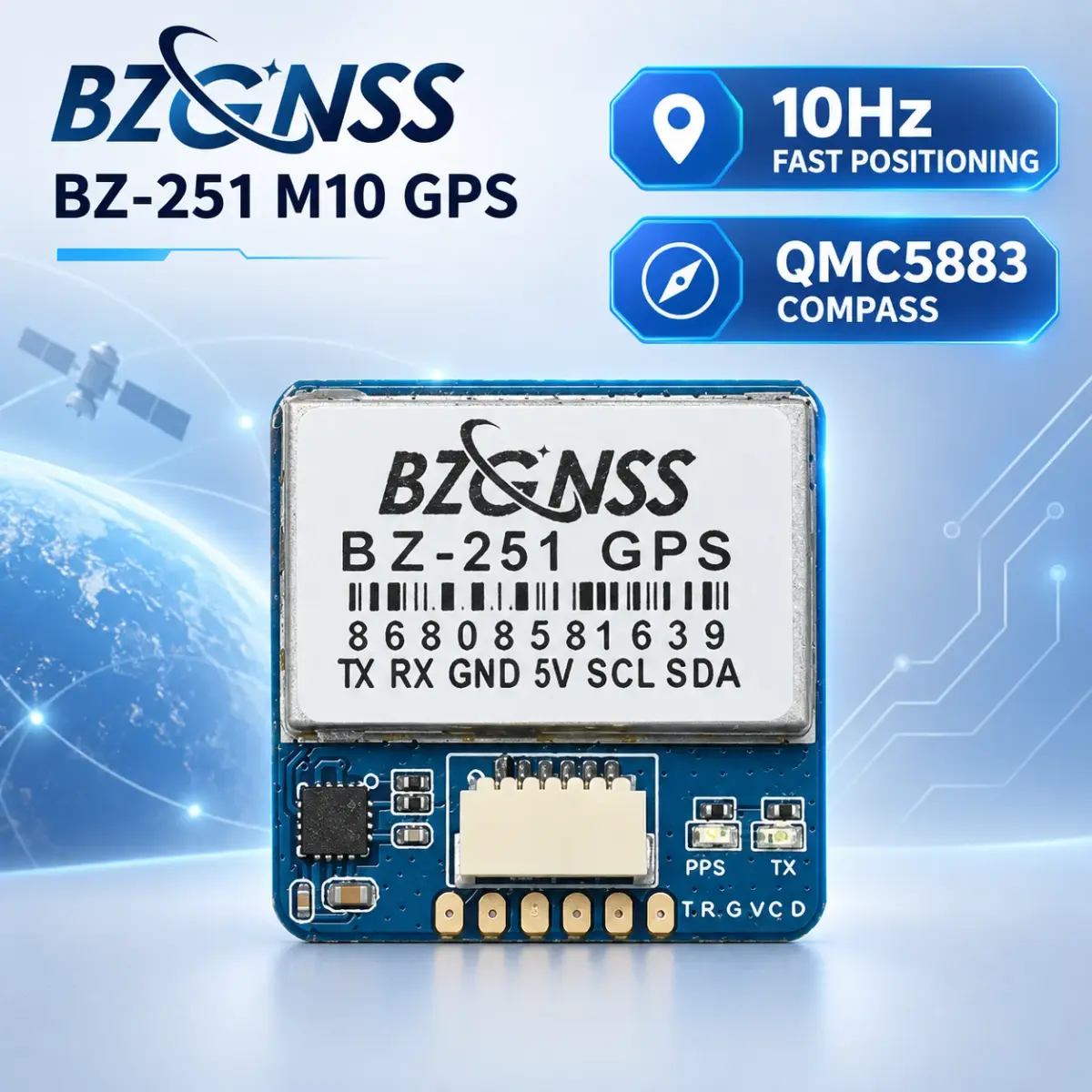 Módulo GPS BZGNSS BZ-251 M10 com Bússola QMC5883 10Hz NMEA UBX para Drone FPV F405 F722, Navegação de Longo Alcance para UAV
