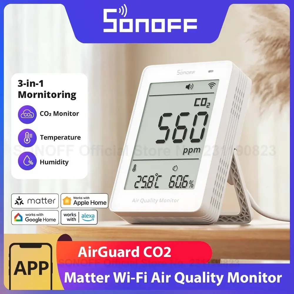 Sonoff airguard co2 matéria sobre wifi monitor de qualidade do ar SAWF-08P medidor de temperatura e umidade som & luz alarme dados históricos