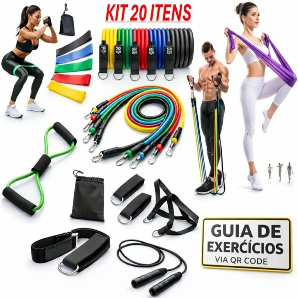 Kit 20 Itens Treino em Casa: Elásticos Extensor + Mini Band + Thera Band + Corda De Pular + Guia de Exercícios Exclusivo - 1