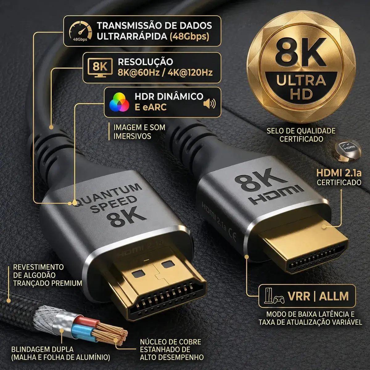 Cabo Hdmi 2.1 8k Gold Ultra Hd Compatível Com Ps5 Xbox Series X/s 3 Metros Ezsias Armarinhos thumbnail 4