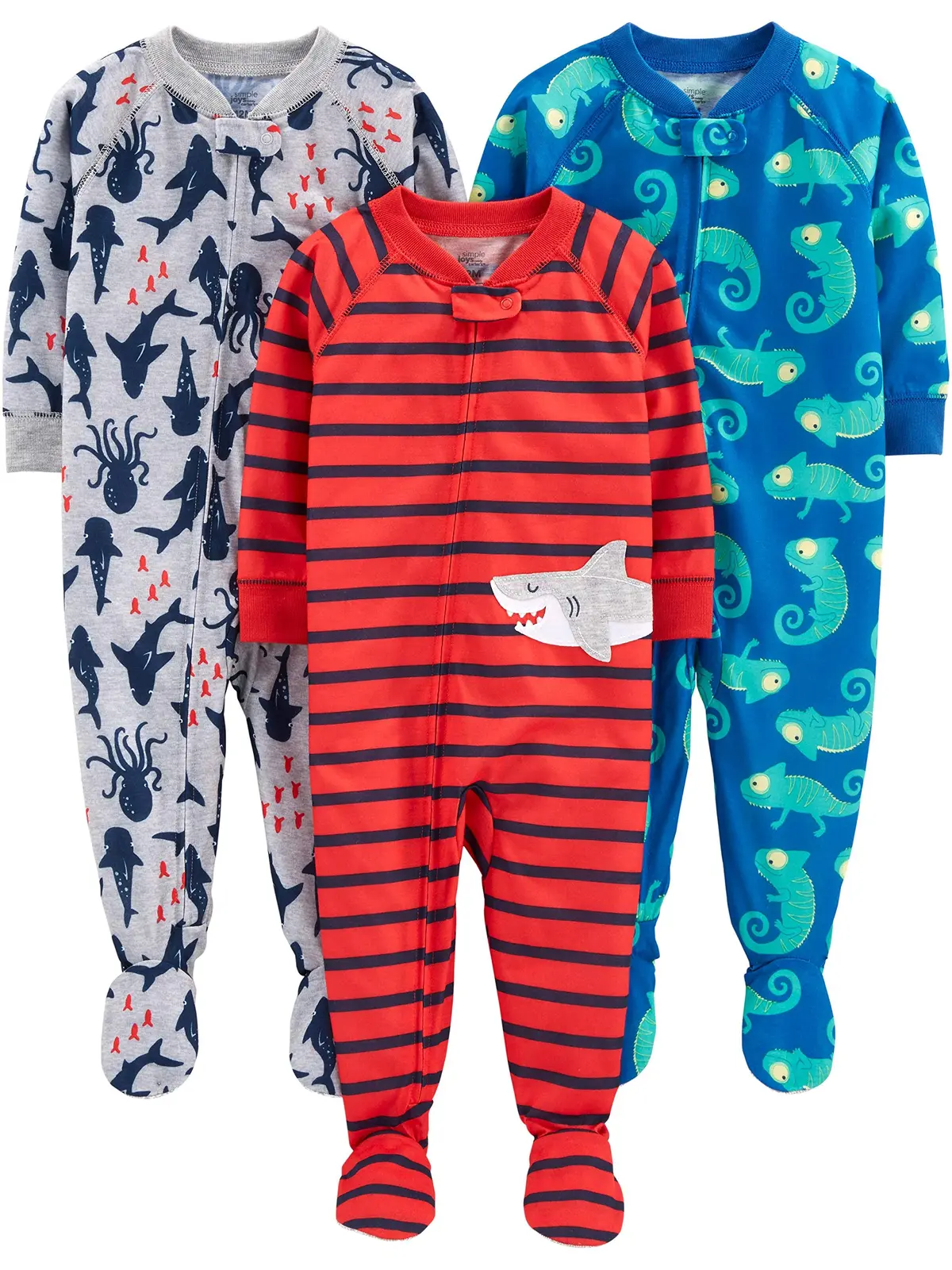 Macacão de dormir para bebês Pacote com 3 pijamas com pés de jérsei de poliéster resistente a chamas de ajuste solto Simple Joys by Carter'sMeninos