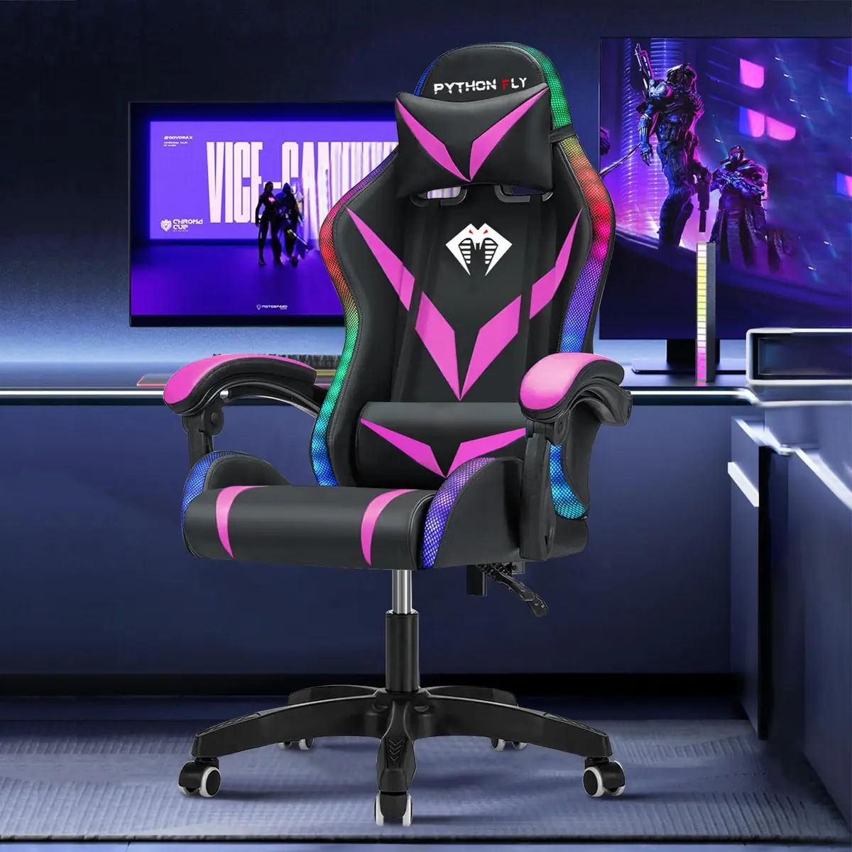 Cadeira Gamer RGB Python Fly com Iluminação Decorativa, Encosto Reclinável, Design Ergonômico para Escritório e Jogos (Roxo)