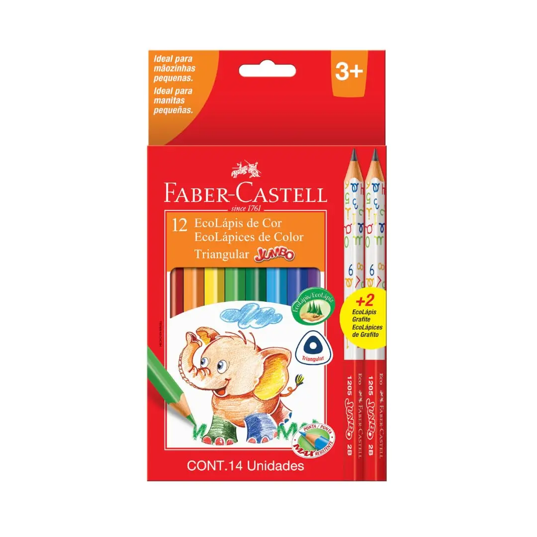 Lápis de Cor Ecolápis Triangular Jumbo 12 Cores + 2 Lápis Jumbo 2B, Faber-Castell - 1