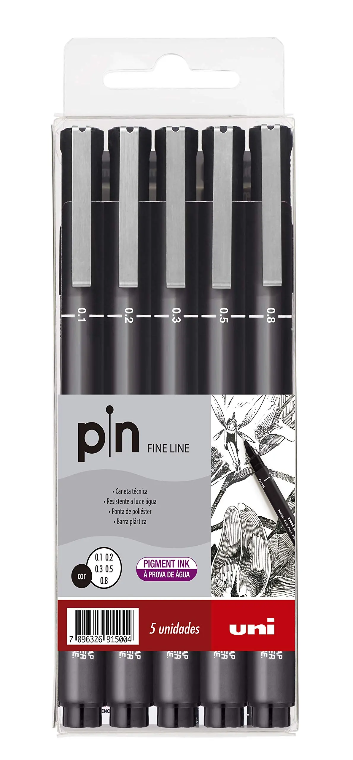 Caneta Técnica Pin Fine Line, Uni-Ball, Preta, Estojo c/5 unidades (0.1, 0.2, 0.3, 0.5 e 0.8 mm) - 1