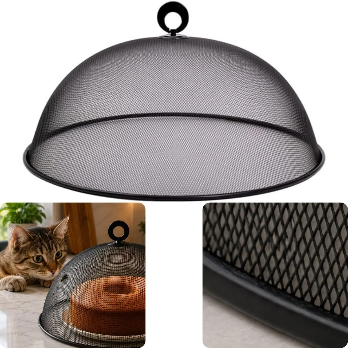 Tela Tampa Protetora Alimentos Metal 35cm | Contra Insetos Moscas, Cobertura Bolos Pães Frutas Pratos Refeições, Gancho 360°, Lavável Reutilizável, Resistente
