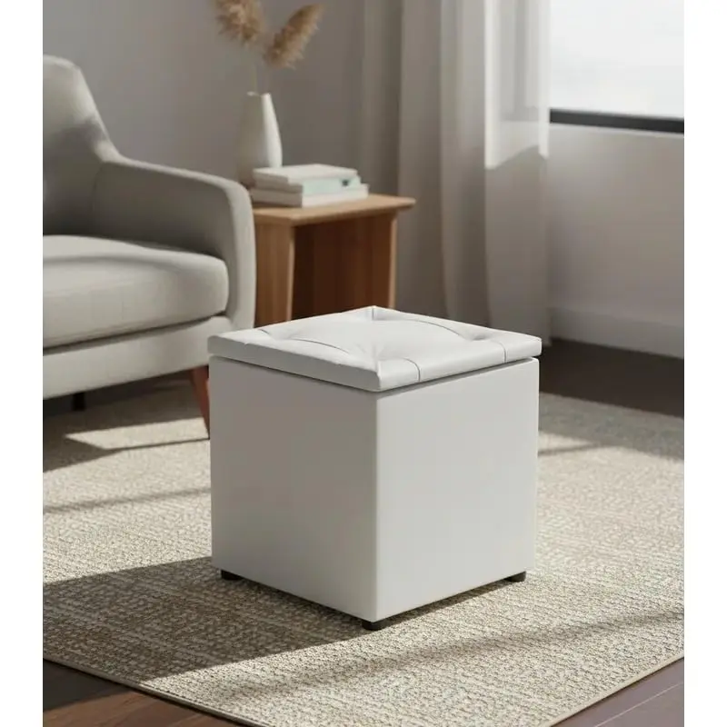 Puff Baú Quadrado Courino 34x34x42cm Organizador Porta Objetos Decorativo(BRANCO LISO)