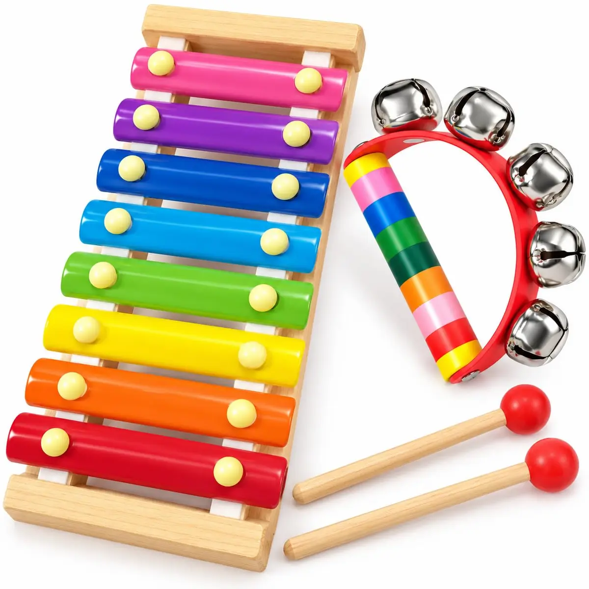 Xilofone e Pandeiro Chocalho de Madeira Colorido | Estimula Coordenação, Cores do Arco-Íris, 2 Brinquedos Inclusos, Para Bebês e Crianças, Flexível e Empilhável