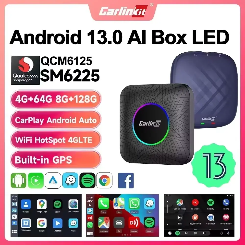 2026 CarlinKit CarPlay AI Box Android 13 SM6225 QCM6125 8 núcleos Android Auto Adaptador CarPlay sem fio WiFi 4GLTE Connect GPS 64G 128G Atualização FOTA para carros CarPlay com fio