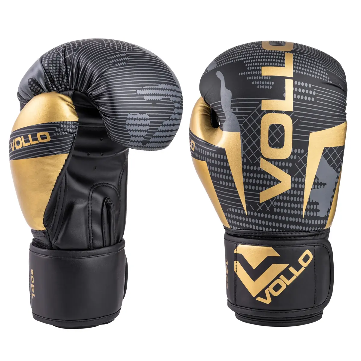 Luva de Boxe Muay Thai Training Preta, Cinza e Dourada 14oz PU Vollo