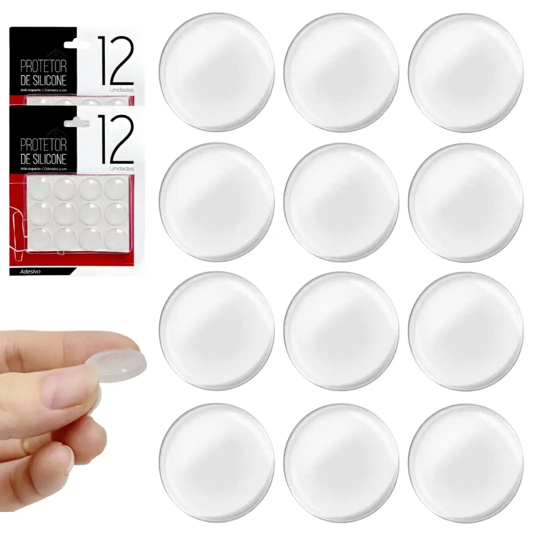 Kit C/24 Protetores de Silicone 2x2cm Anti Impacto Transparente | Adesivo amortecedor que evita riscos, batidas e ruídos em móveis, portas, gavetas, armários e eletrodomésticos.