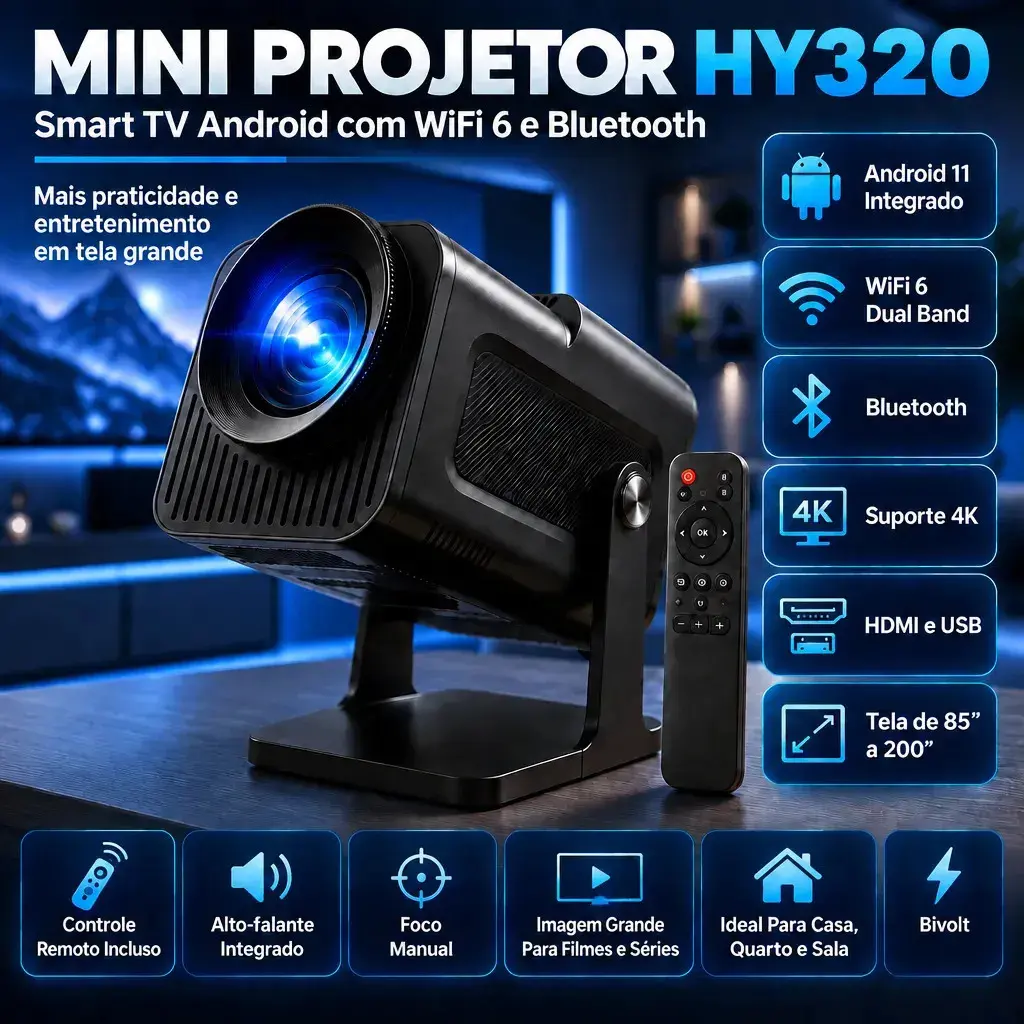 Projetor HY320 Mini Portátil Hardline Smart TV Android WiFi 6 390 ANSI Lumens Full HD Suporte 4K HDMI Bluetooth 85-200 Polegadas Alto Falante Com Controle Remoto Bivolt - 1