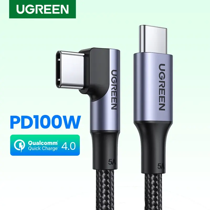 Cabo de Carregamento Rápido UGREEN 90 Graus PD100W 60W USB-C para USB-C para iPhone 17, Samsung, MacBook, iPad com Quick Charge 4.0