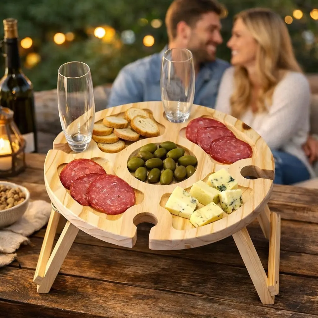 Petisqueira de Madeira com 5 Divisórias Tábua de Frios para Queijos Aperitivos com Suporte para Taças - 1