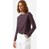 camiseta feminina com algodão manga longa listrada azul