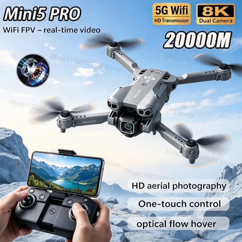 Drone RC Mini 5 Pro 2026 Atualizado, Câmera Dupla 8K, WiFi FPV, Fluxo Óptico, Quadricóptero RC com Função de Voo Estacionário para Fotografia Aérea e Hobbies - 1