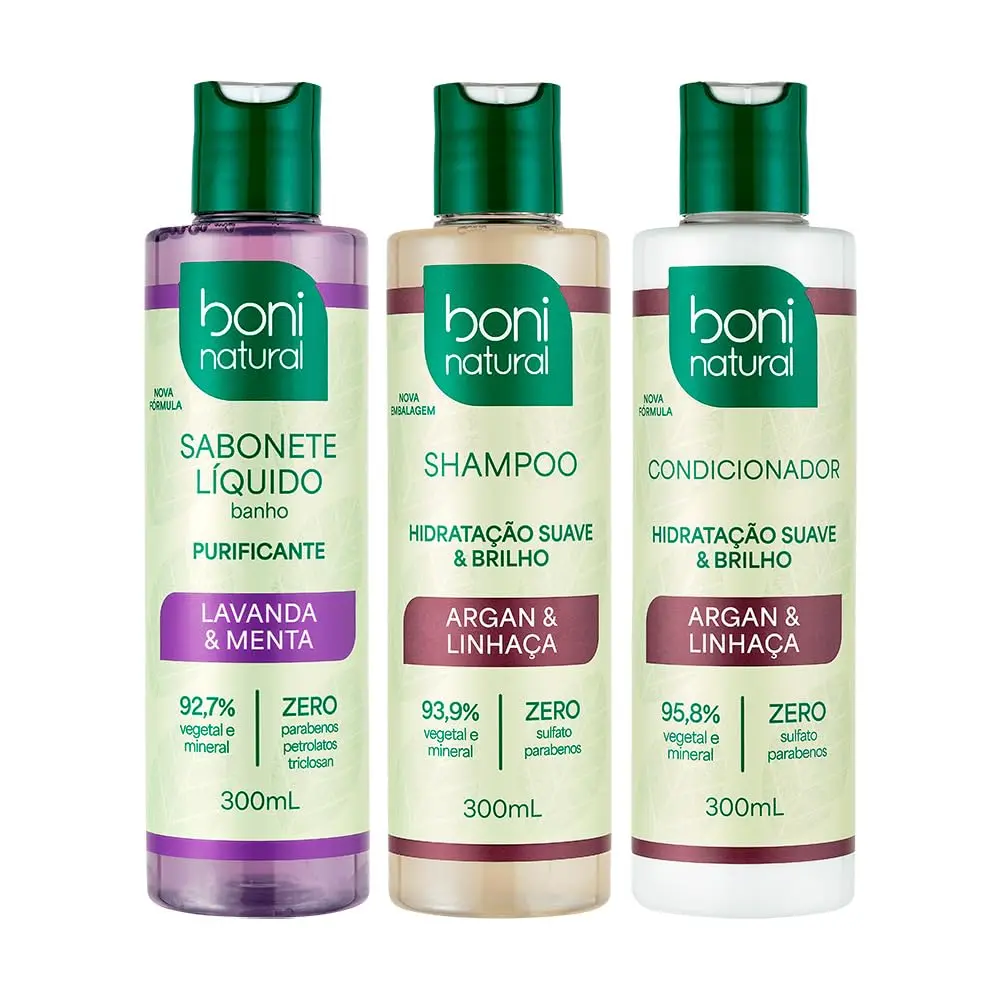 Boni Natural - Kit Banho com Sabonete Líquido + Shampoo + Condicionador, 3 Produtos de 300 ml, Vegano, Ingredientes de Origem Natural - 1