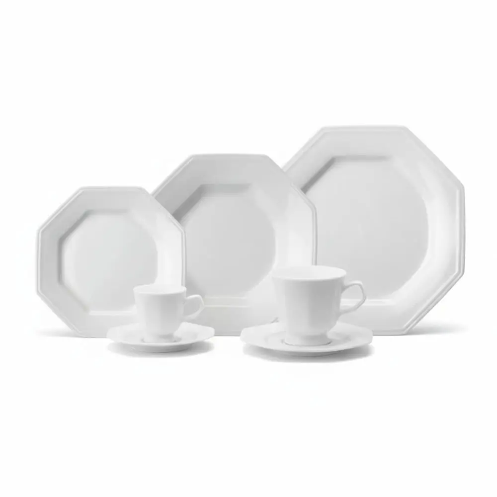 Serviço de Jantar Chá Café 42 peças em Porcelana. Modelo Octogonal Prisma. Branca. Fabricado pela Schmidt.