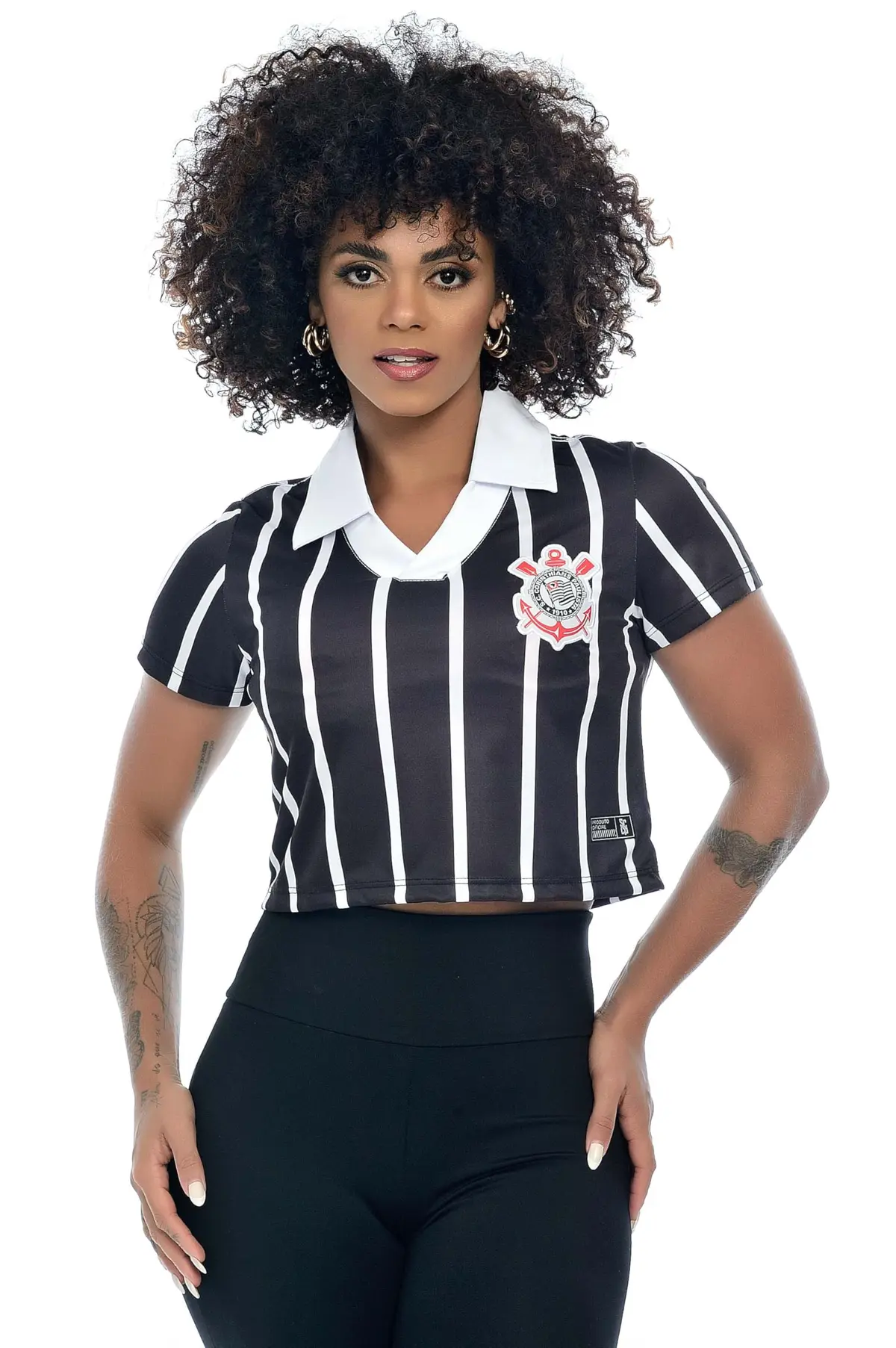 Camisa Polo Cropped Corinthians, Feminina, Preta,P