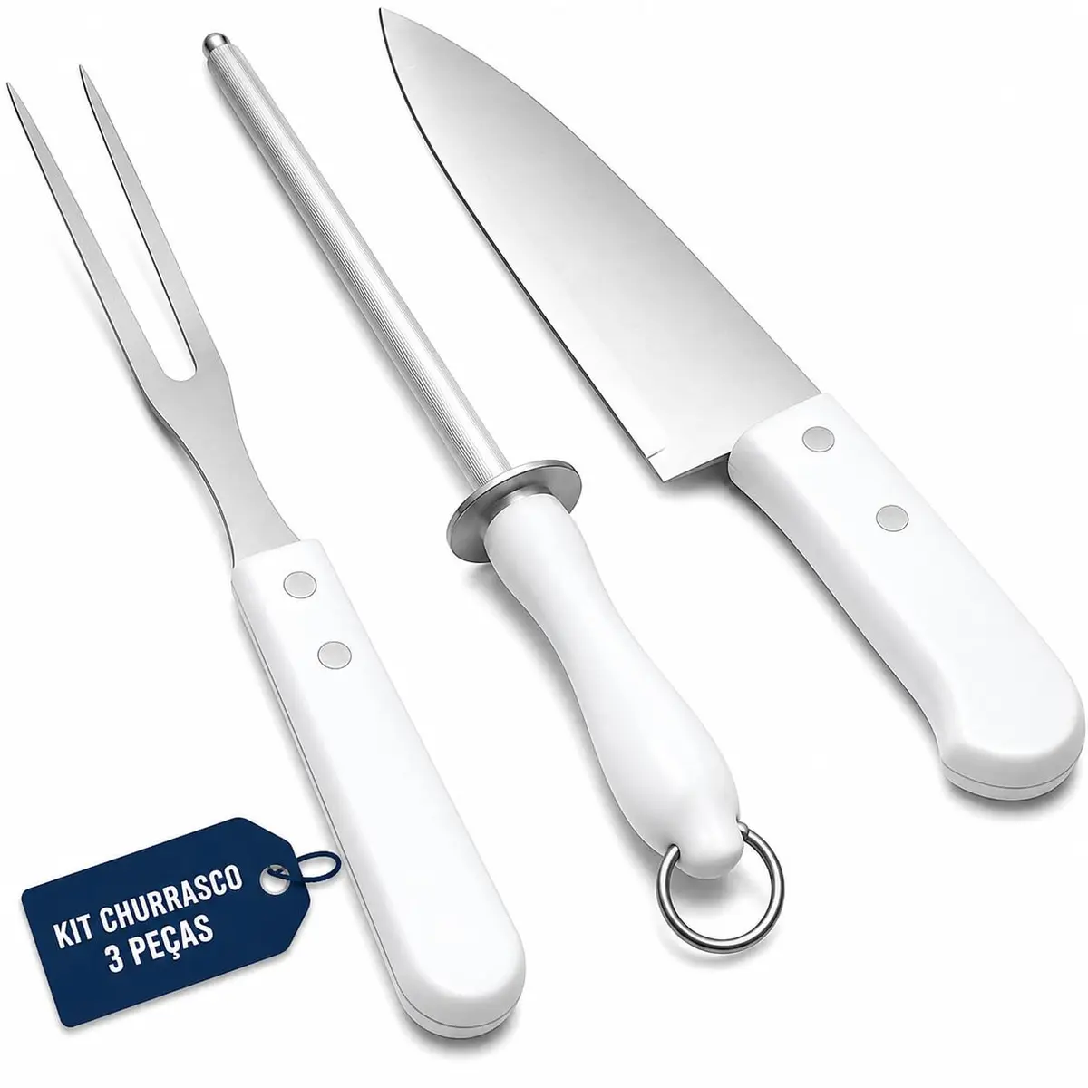 Kit Churrasco 3 Peças Faca Garfo Trinchante e Chaira Inox 33 cm Reforçado | Três peças essenciais para mais firmeza e praticidade no churrasco