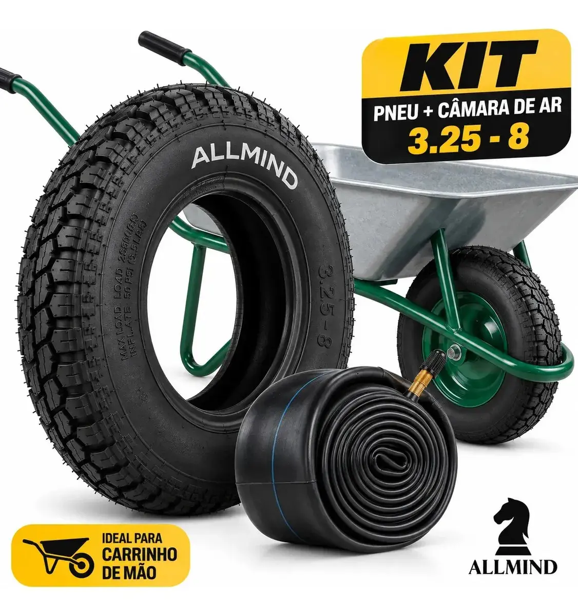 Kit Pneu Reforçado + Câmara De Ar Completo Para Carrinho De Mão Não Fura 3,25x8 Carga Carriola 150kg Allmind Reforçado
