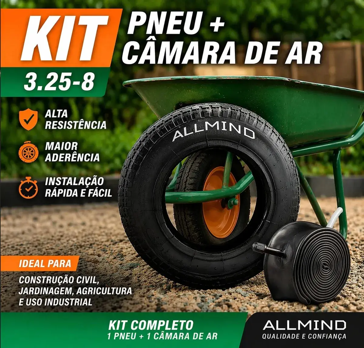 Kit Pneu Reforçado + Câmara De Ar Completo Para Carrinho De Mão Não Fura 3,25x8 Carga Carriola 150kg Allmind Reforçado thumbnail 2