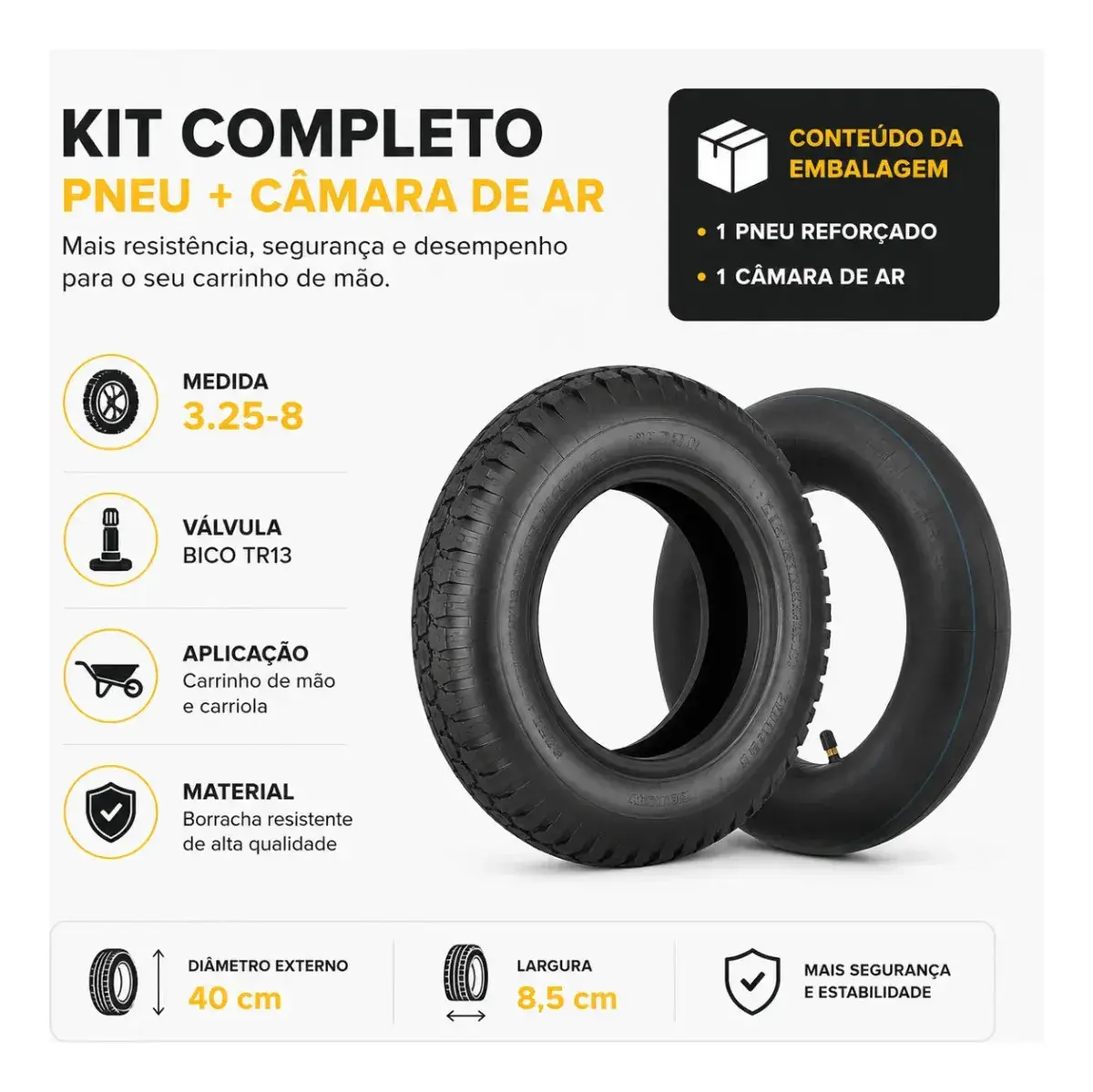 Kit Pneu Reforçado + Câmara De Ar Completo Para Carrinho De Mão Não Fura 3,25x8 Carga Carriola 150kg Allmind Reforçado thumbnail 4