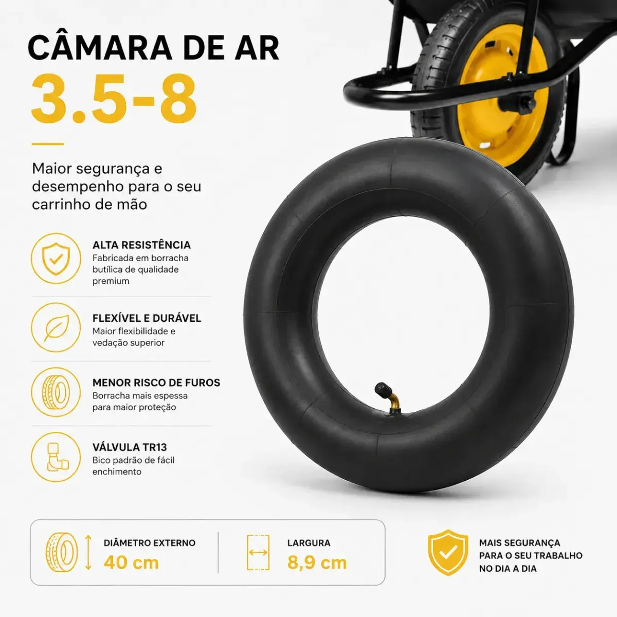Kit Pneu Reforçado + Câmara De Ar Completo Para Carrinho De Mão Não Fura 3,25x8 Carga Carriola 150kg Allmind Reforçado thumbnail 5