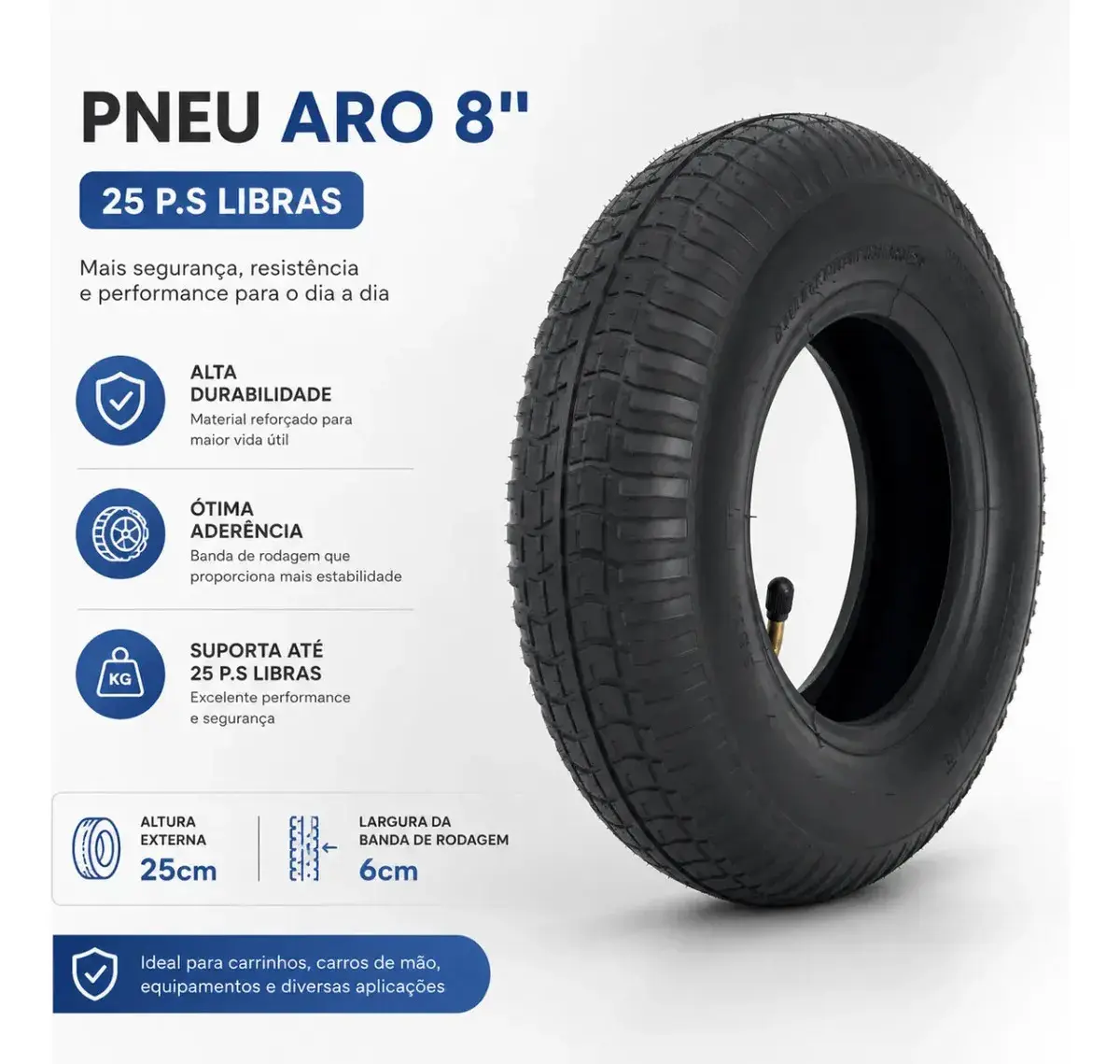 Kit Pneu Reforçado + Câmara De Ar Completo Para Carrinho De Mão Não Fura 3,25x8 Carga Carriola 150kg Allmind Reforçado thumbnail 6