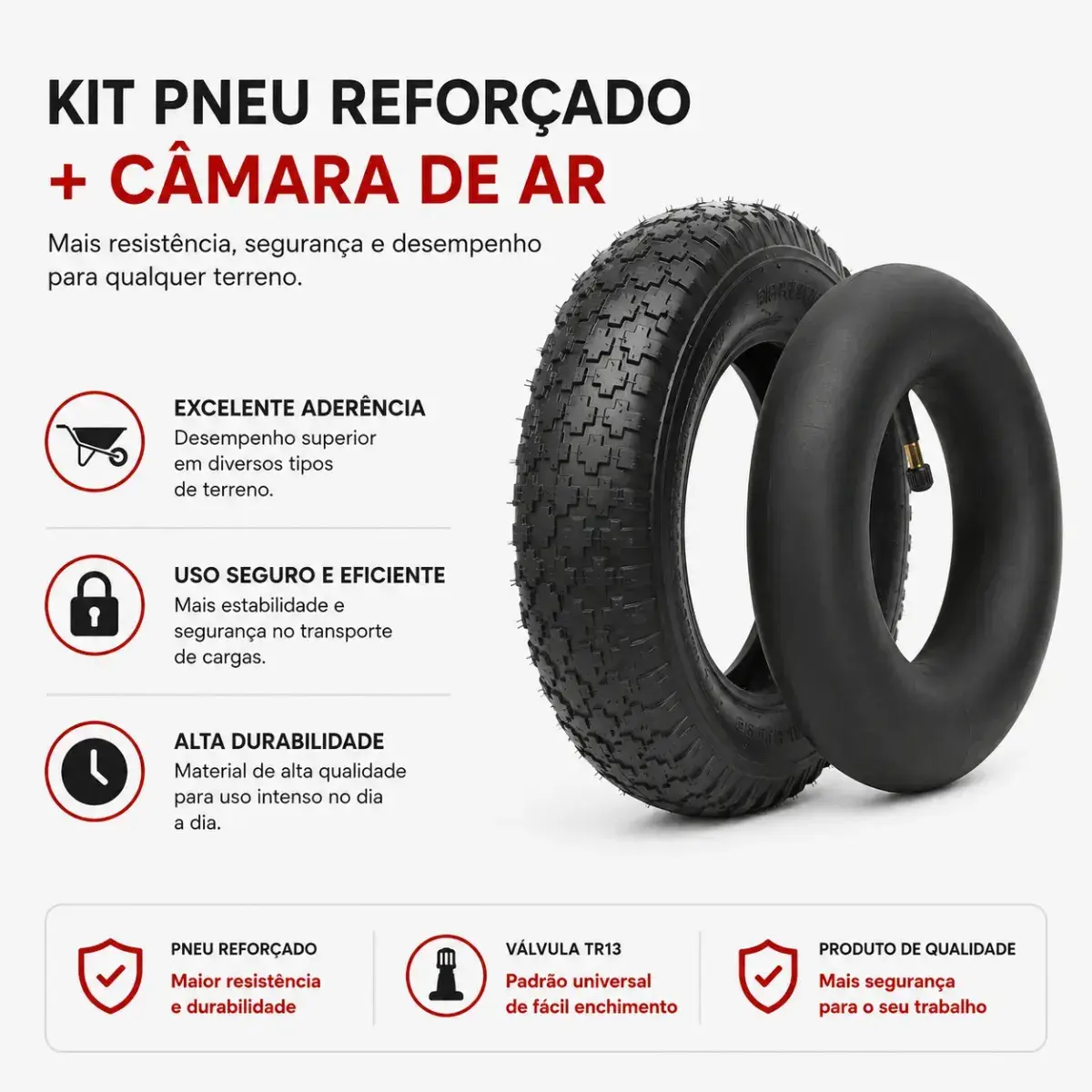 Kit Pneu Reforçado + Câmara De Ar Completo Para Carrinho De Mão Não Fura 3,25x8 Carga Carriola 150kg Allmind Reforçado thumbnail 7