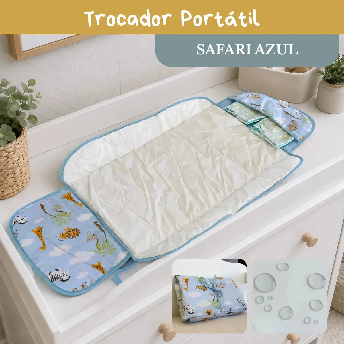 Trocador De Fralda Bebê Impermeável Dobrável Compacto Retrátil Toque Super Macio Luxo Lindas Estampas Safari azul