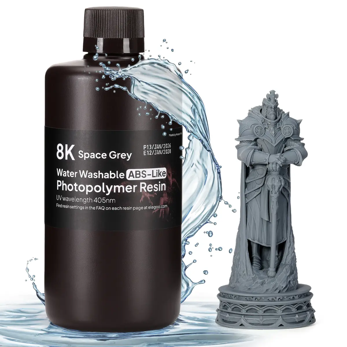 ELEGOO 8K Resina para Impressora 3D Lavável com Água, Semelhante ao ABS, Resina de Cura UV 405nm para Impressora 3D LCD, Impressora 3D Cinza Espacial 1000g