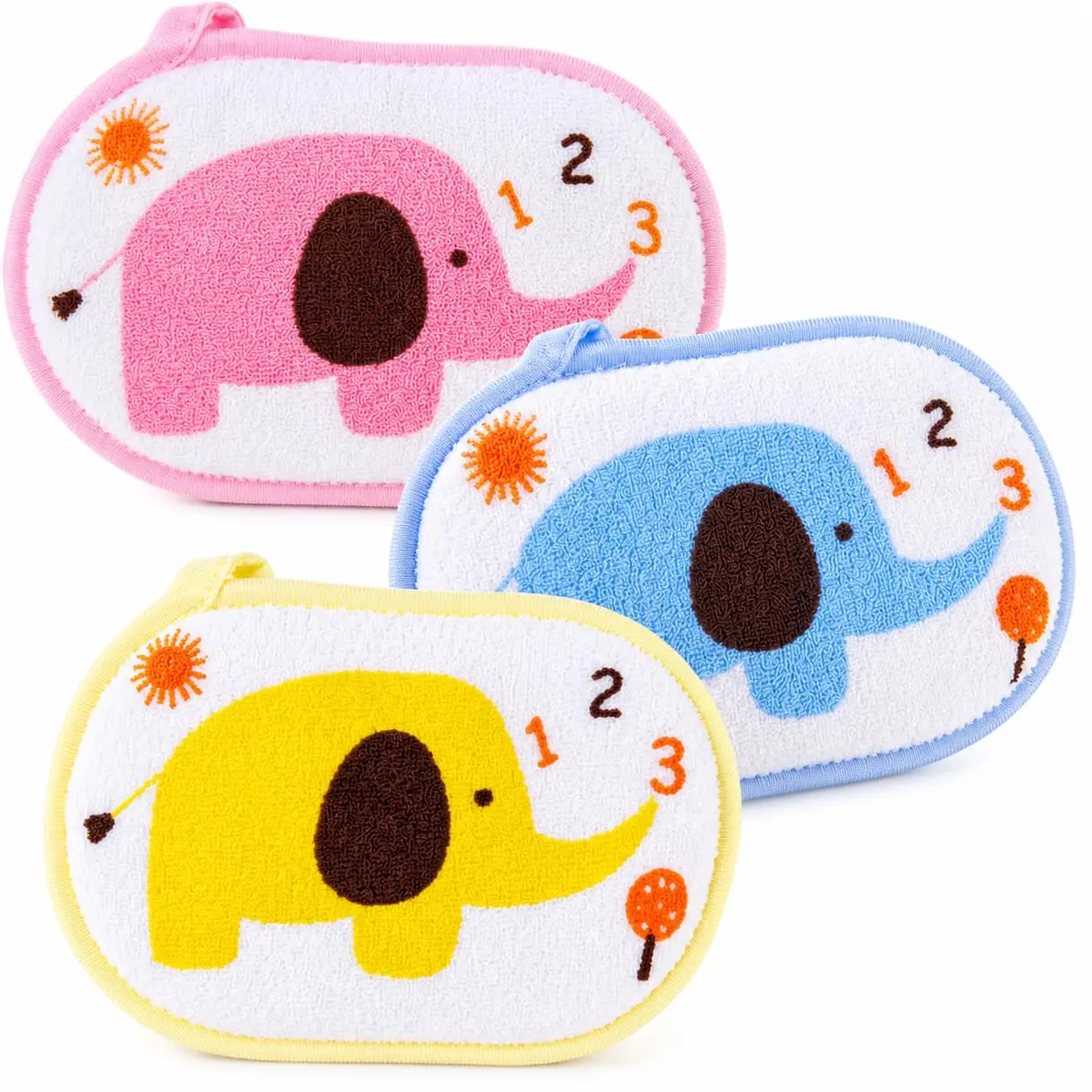 Kit 3 Esponjas de Banho Infantil Elefantinho para Bebê e Crianças, Toque Macio e Delicado, Esponja Corporal Reutilizável para Higiene Diária, Azul Rosa e Amarelo