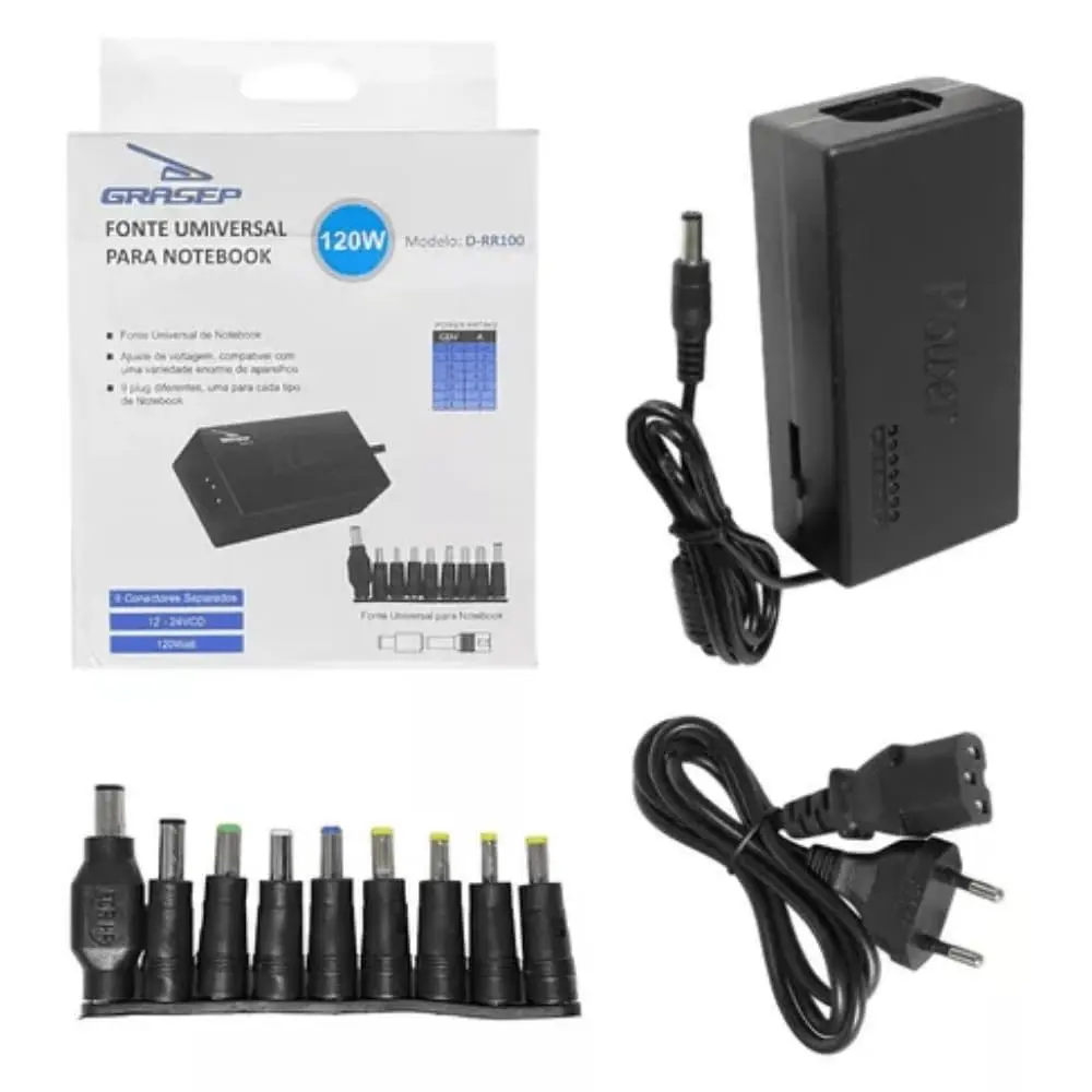 Adaptador Carregador Universal De Notebook Fonte Universal 120W, chave seletora 12V a 24V, com 9 Plugs e Cabo de Força Bivolt