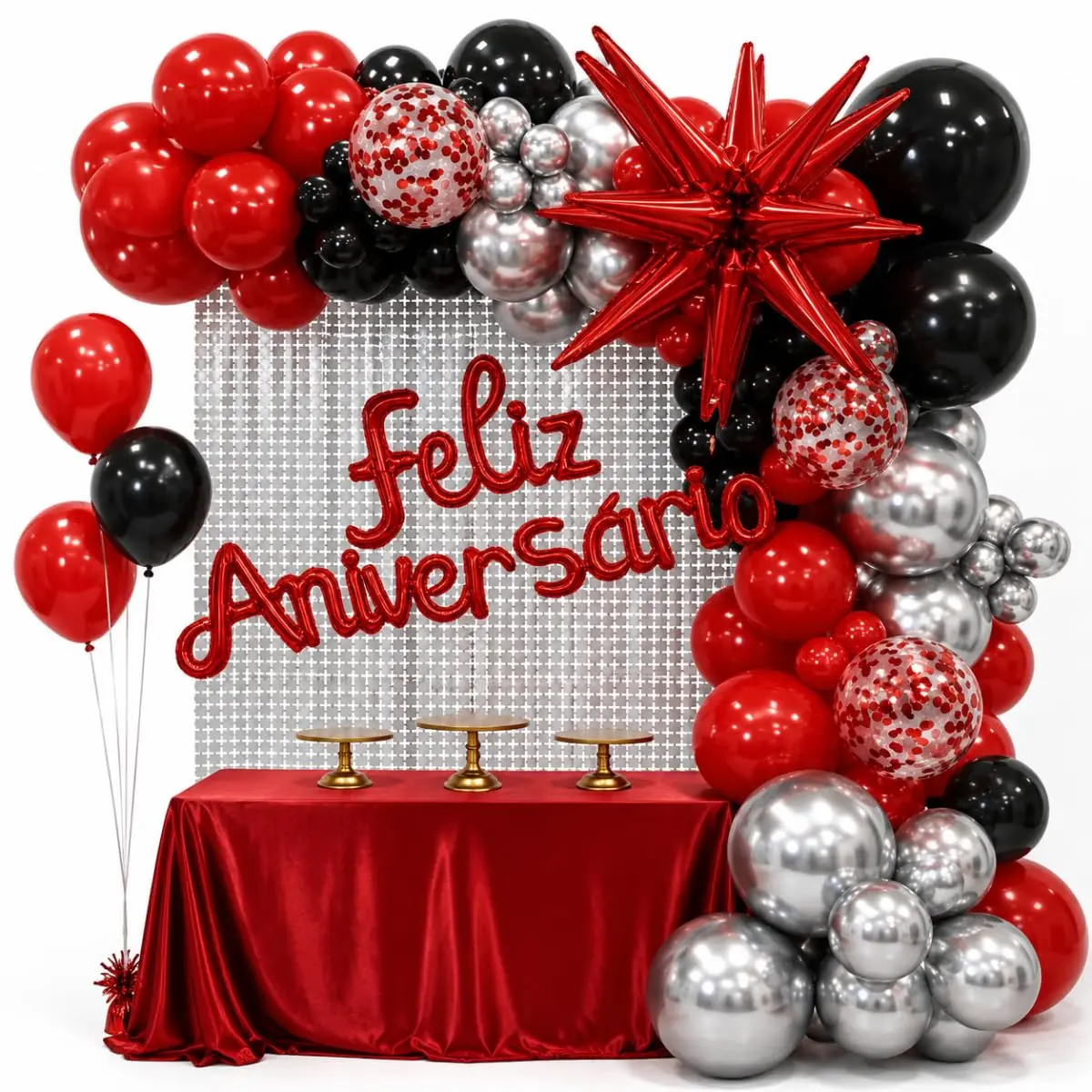 Kit Decoração Festa Aniversário Vermelho com Balões e Cortina Metalizada | Montagem prática, fácil de instalar sem experiência profissional