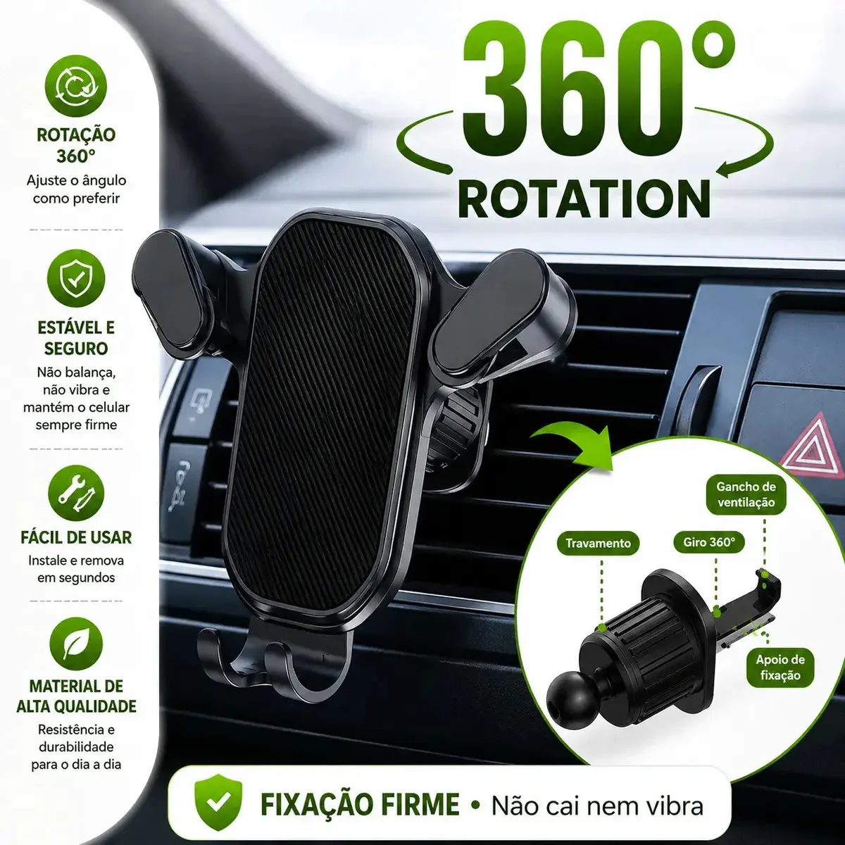 Suporte Celular Saída De Ar Gps Veicular Carro Ar Condicionado Gira 360 Cor Preto thumbnail 2