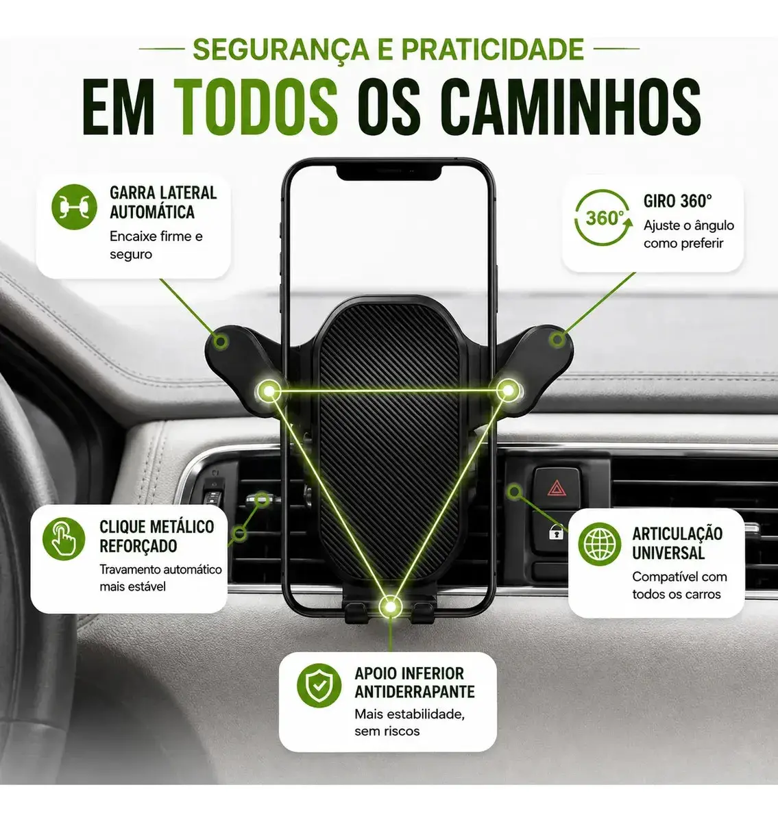 Suporte Celular Saída De Ar Gps Veicular Carro Ar Condicionado Gira 360 Cor Preto thumbnail 3