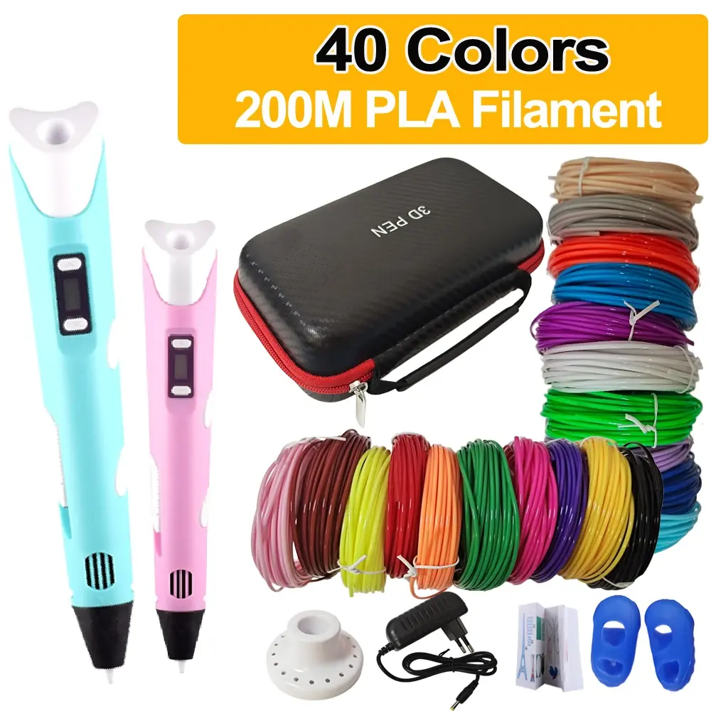 Caneta 3d para crianças, desenho 3d, impressão, tela lcd, adaptador de energia, 40 cores, 200m, filamento pla, crianças, meninos, meninas, presente de aniversário diy