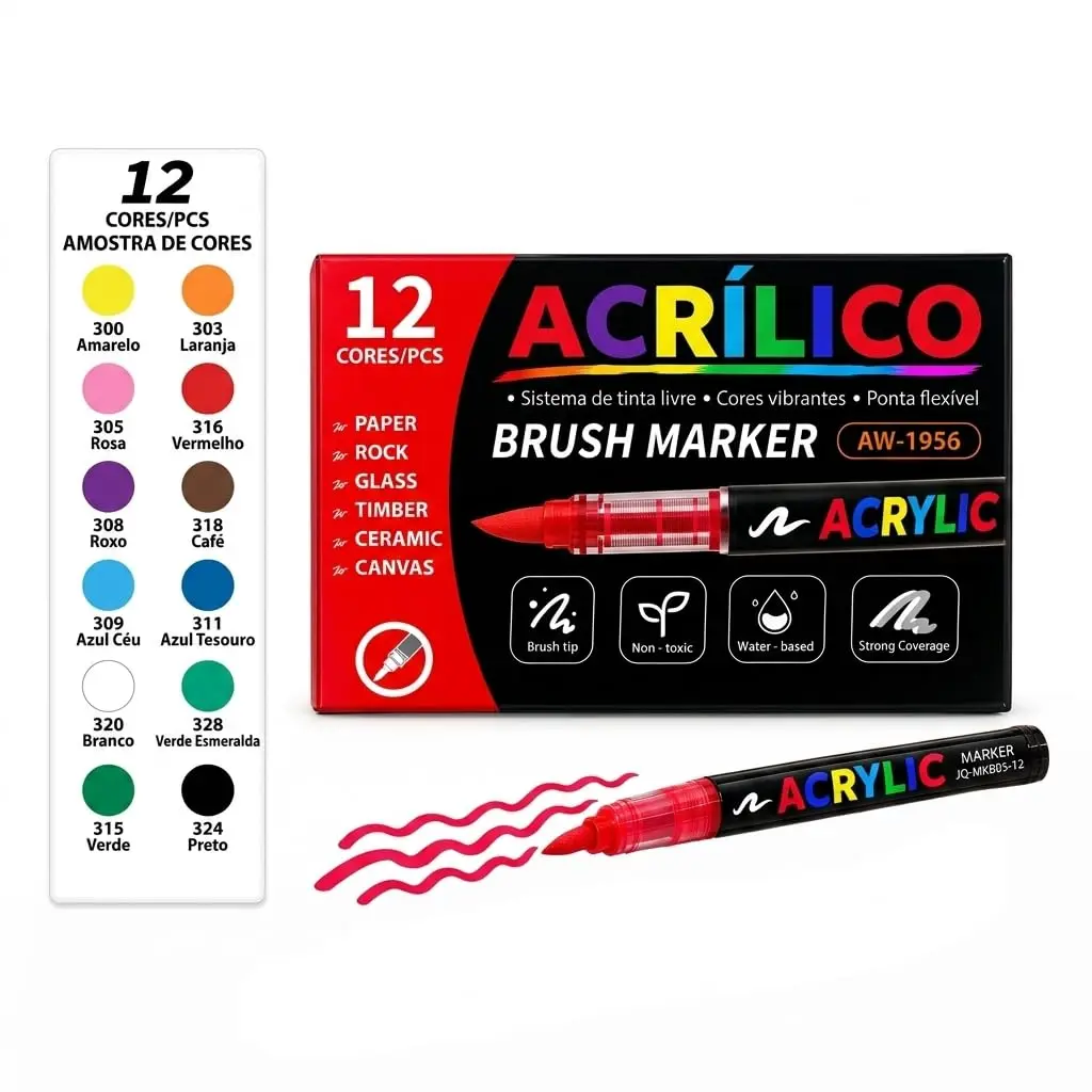 Caneta Acrílica Brush 12 Cores Base Água Marcador Ponta Pincel Artesanato