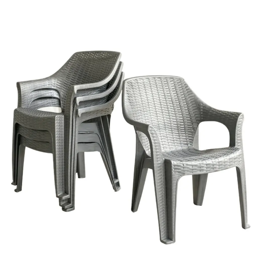 Kit 4 Cadeiras Rattan com Braços Empilháveis até 158 kg(Cinza) | Quatro cadeiras empilháveis em polipropileno com textura rattan, ideais para áreas internas, externas e espaços comerciais