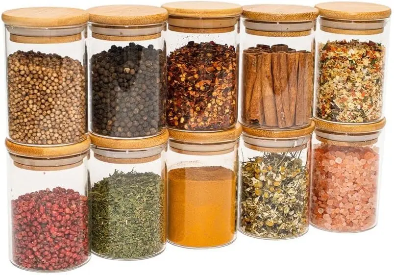 Kit 10 Potes de Vidro 250ml Premium com Tampa de Bambu Herméticos Redondos - Cozinha Dispensa Organizador Cereais - Embalagem reforçada
