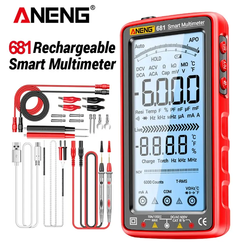 ANENG Digital Profissional Multímetro, sem contato Tester Tensão, Tela LCD Tester Atual, recarregável, AC, DC, 681 - 1