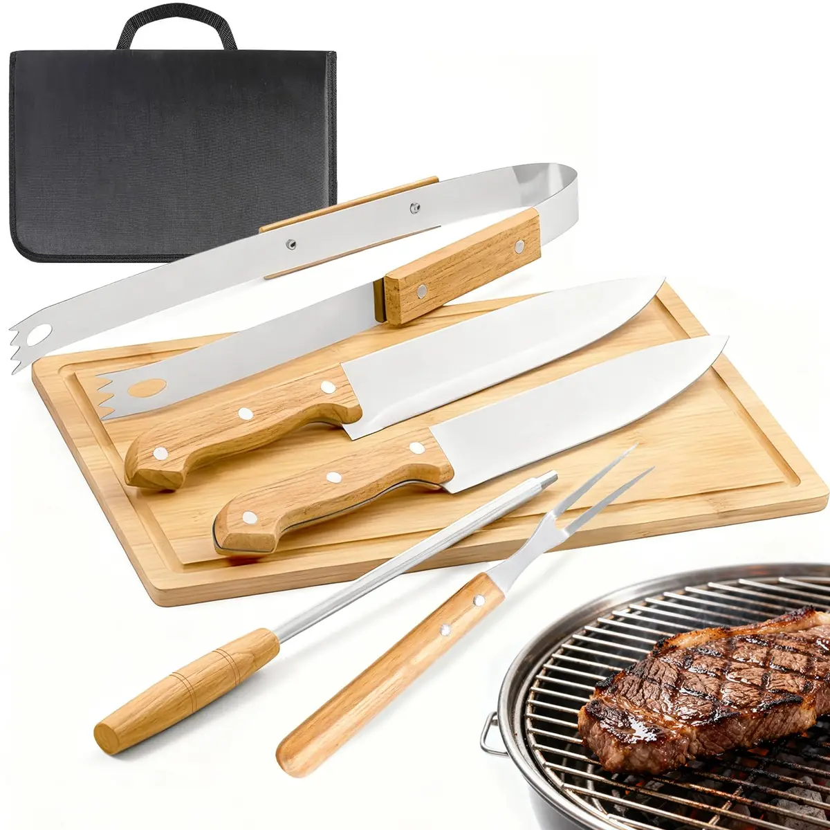 Jogo de Churrasco Tradicional 6 Peças, Kit Churrasco Premium com Tabua, Faca Churrasco, Garfo Trinchante, Pegador para Carne e Afiador, Kit Churrasqueiro com Estojo Portátil, Ideal para Camping